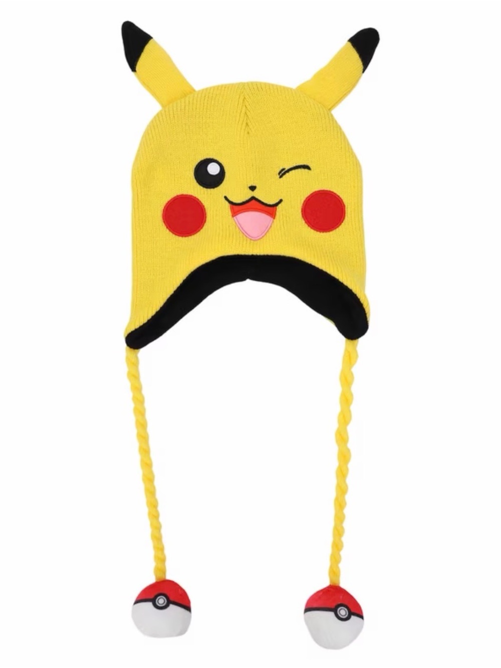 Pokemon Yellow Pikachu Knit Earflap Hat with Red Cheeks and Poké Ball Tassels